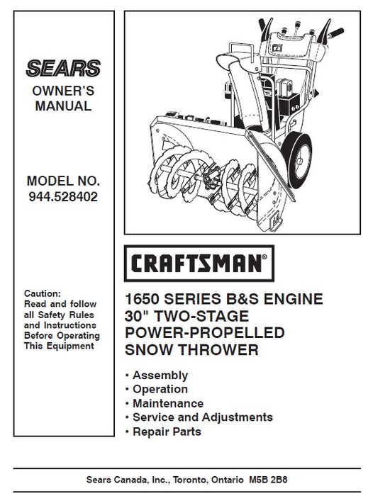 944.528402 Craftsman Manual for 30" TWO-STAGE POWER-PROPELLED SNOW THROWER